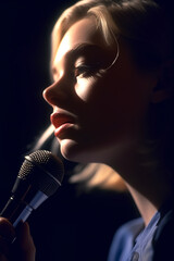 Extreme close-up of a young girl singing into a microphone in stage lighting.