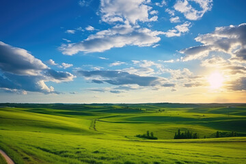 Obraz premium Wide landscape shot of greened field. Generative ai