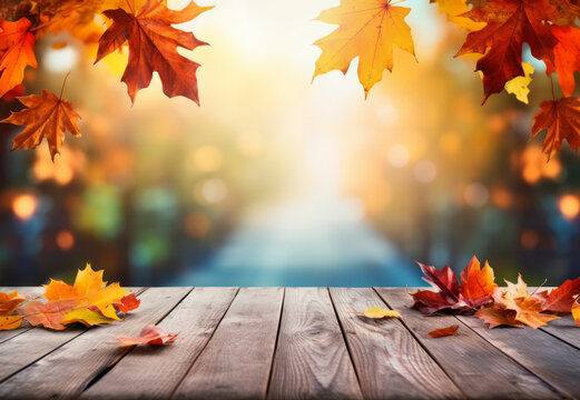 Empty wooden table with fall leaves, glowing sun and blurry seasonal colors. Autumn copy space background.
