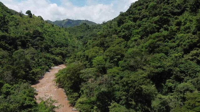 Camera rising up between green trees to reveal a valley and river in a tropical jungle of Colombia with a cloudy sky aerial Video