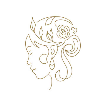 Beautiful woman with flower hairstyle aesthetic minimal continuous line art logo vector illustration