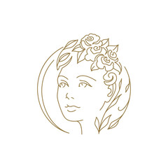 Beautiful romantic woman face with flowers and leaves circle minimal line logo for beauty vector