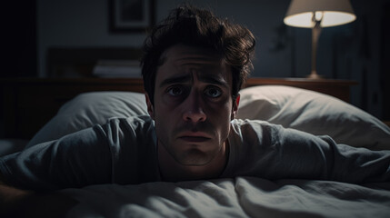 Obraz premium Depressed man lying in bed can't sleep late at morning with insomnia.
