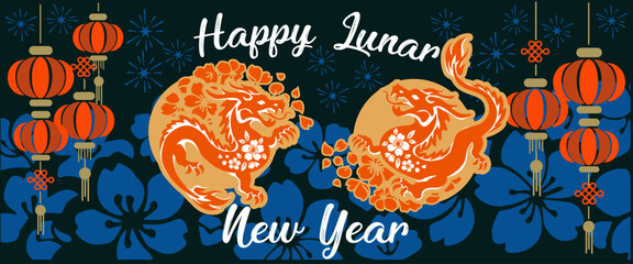 baner Happy Chinese new year 2024 year of the Chinese zodiac dragon with paper cut on colorful background