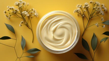 A jar of cream with immortelle on a yellow background. View from above. Cosmetics with immortelle extract