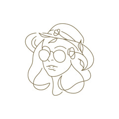 Stylish woman portrait in hat with flowers and sunglasses continuous line art logo vector