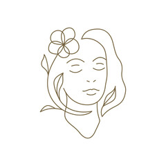 Gentle young woman face with flower hairstyle continuous line art logo vector illustration