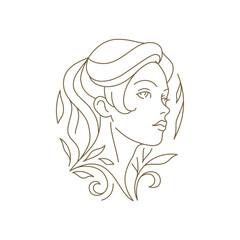 Beautiful young female face with floral leaves blossom line art logo for cosmetic vector