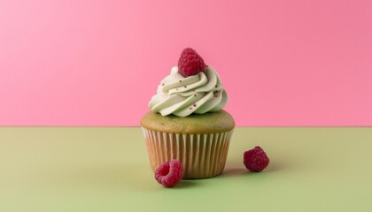 Tasty matcha cupcake on pink background