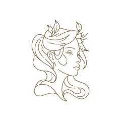 Fashion female portrait with leaves in hairstyle monochrome line art logo vector illustration
