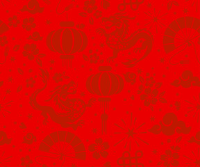 Seamless pattern happy chinese new year the dragon zodiac sign with asian elements paper cut style on color background.