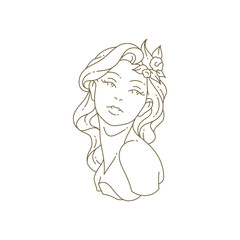 Gentle woman with flower in hair bust sculpture minimal line art logo for beauty care vector