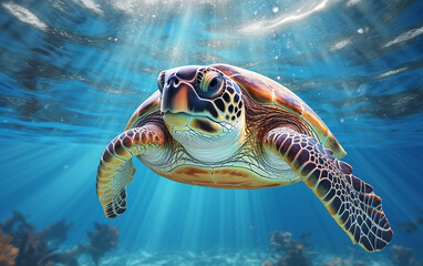 Fototapeta premium Sea turtles swim in the beautiful blue ocean, with sunlight pouring down. Generative AI