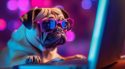 Illustration of pug dog wearing glasses sitting in front of a laptop