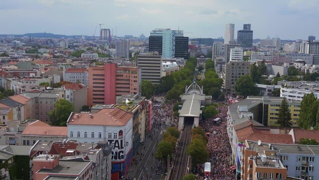Amazing aerial top view flight drone. CSD Pride Love Parade 2023 in city Berlin