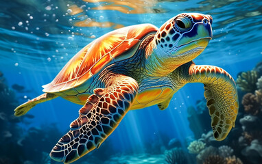 Fototapeta premium Sea turtles are swimming in the beautiful blue ocean, with sunlight filtering through. Generative AI