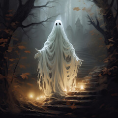 Halloween ghost.  Creepy costume, night scene. Holiday spooky nightmare, mysterious scary spirit in  darkness with fog smoke