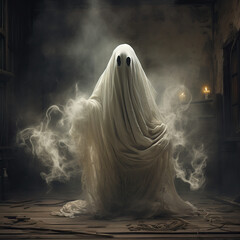 Fototapeta na wymiar Halloween ghost. Creepy costume, night scene. Holiday spooky nightmare, mysterious scary spirit in darkness with fog smoke