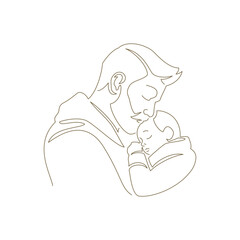 Happy father hugging little son family parenthood with love continuous line art style logo vector