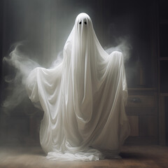 Halloween ghost.  Creepy costume, night scene. Holiday spooky nightmare, mysterious  scary spirit in  darkness with fog smoke