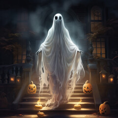 Halloween ghost.  Creepy costume, night scene with jack lanterns. Holiday spooky nightmare, mysterious  scary spirit in  darkness with fog smoke