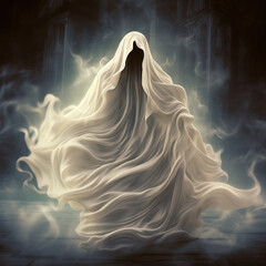 Halloween ghost.  Creepy costume, night scene. Holiday spooky nightmare, mysterious  scary spirit in  darkness with fog smoke - 627454369
