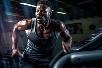 Obraz na płótnie Canvas Powerful portrait of afro american athletic man in sportswear working out and running on treadmill