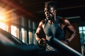 Fototapeta na wymiar Powerful portrait of afro american athletic man in sportswear working out and running on treadmill
