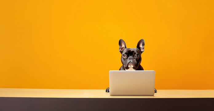A pug dog sits at a desk in front of a computer and works.