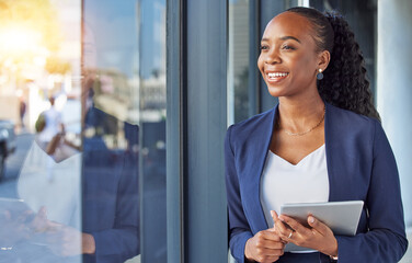 Business, black woman with smile and tablet at window in office, thinking and ideas for online career. Happiness, digital work and businesswoman with insight for planning feedback for internet job.