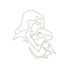 Family mother and little baby daughter hugging to each other love continuous line art logo vector