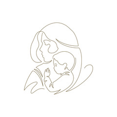 Young beautiful mother hugging little baby son with love silhouette continuous line art logo vector