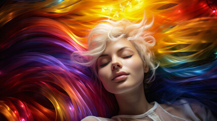 Beautiful woman resting against a colourful rainbow background.