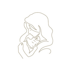 Young caring mom hugging little kid son contour silhouette continuous line art logo vector