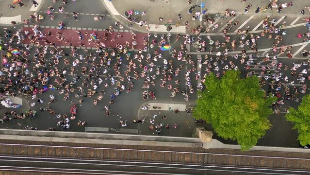 Spectacular aerial view flight drone. CSD Pride Love Parade 2023 in city Berlin
