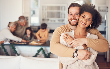 Couple, portrait and hug with love on christmas in family home for quality time with interracial...