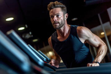 Fototapeta na wymiar creative portrait of Sexy muscular athletic man in sportswear working out and running on treadmill