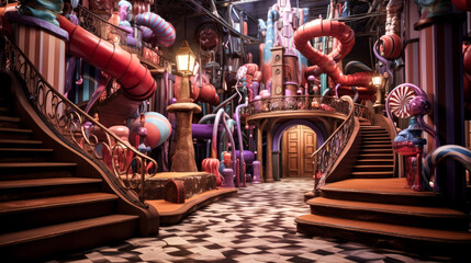 Fototapeta na wymiar He discovers the Wonka chocolate factory, an endless source of joy.