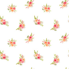 Fototapeta premium Seamless Floral Pattern with red and pink Flowers. Hand drawn illustration on white isolated background. Botanical ornament for wallpaper, textile design or wrapping paper in summer orange colors.