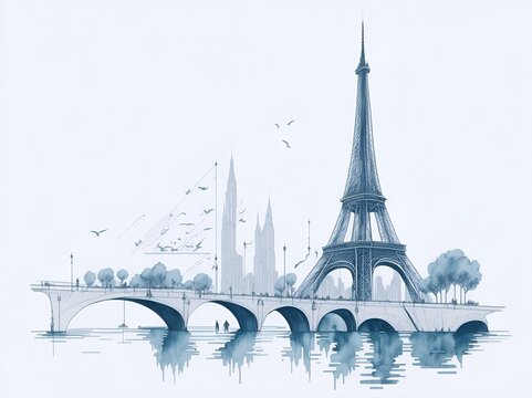 Eiffel Tower cartoon drawing. AI generated illustration