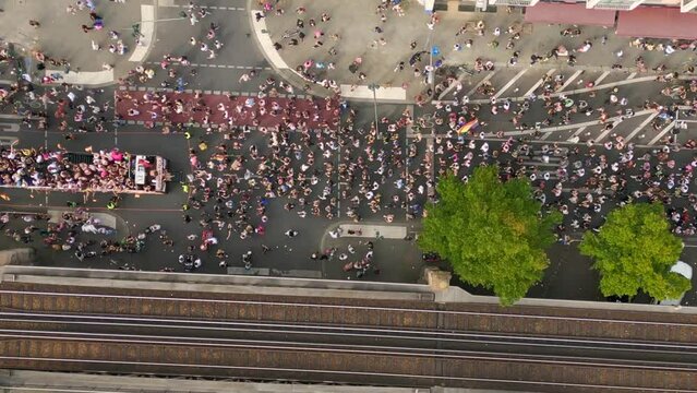 Breathtaking aerial view flight drone. CSD Pride Love Parade 2023 in city Berlin