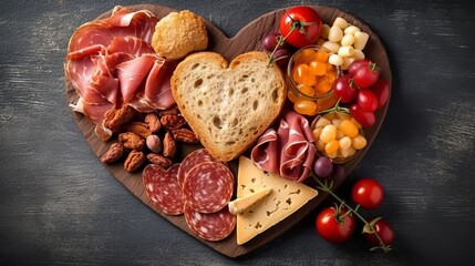 Illustration of a beautifully arranged charcuterie, cheese and fruit in the shape of a heart