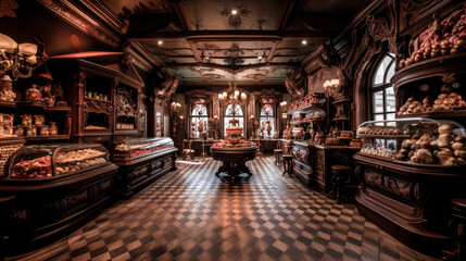 He browses through a quaint chocolate shop, marveling at the selection of treats.