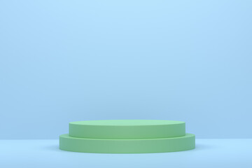 Pastel green cylinder podium with steps on blue background