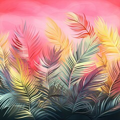 Fototapeta na wymiar Abstract palm leaves mural interior wallpaper. Pink and orange leaves .