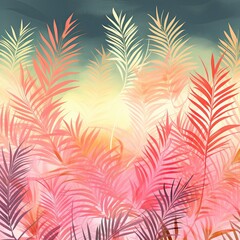 Fototapeta na wymiar Abstract palm leaves mural interior wallpaper. Pink and orange leaves .