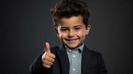 Little boy holding his thumb up against a dark background.
