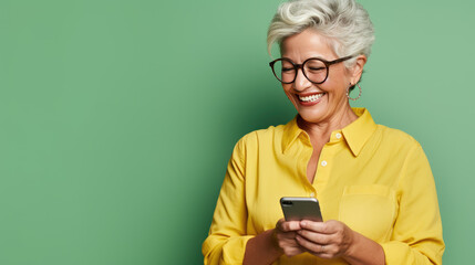 Middle-aged woman is using a cell phone on a green background.