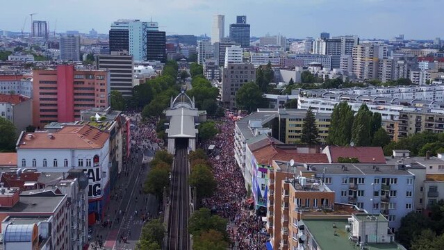 Perfect aerial top view flightdrone. CSD Pride Love Parade 2023 in city Berlin