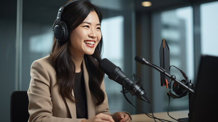 Woman records a podcast in office.
